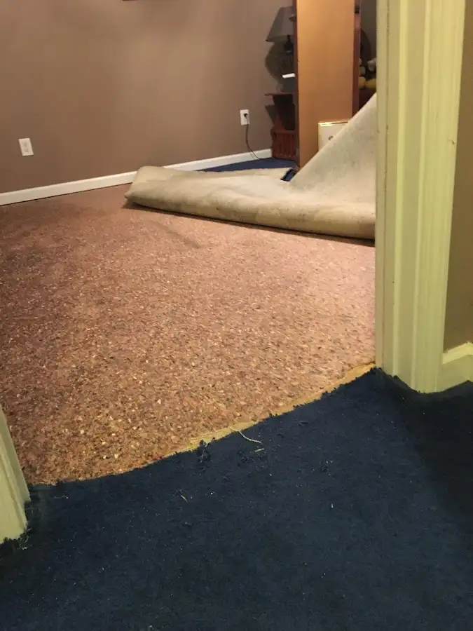 Carpet pad removal revealing water damage during Drying & Dehumidification in Bigfork